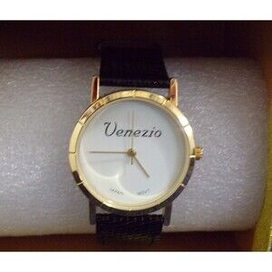 VTG‎ Men's Venezio Dress Classic Gold Tone White Black Leather Band In Gift Box